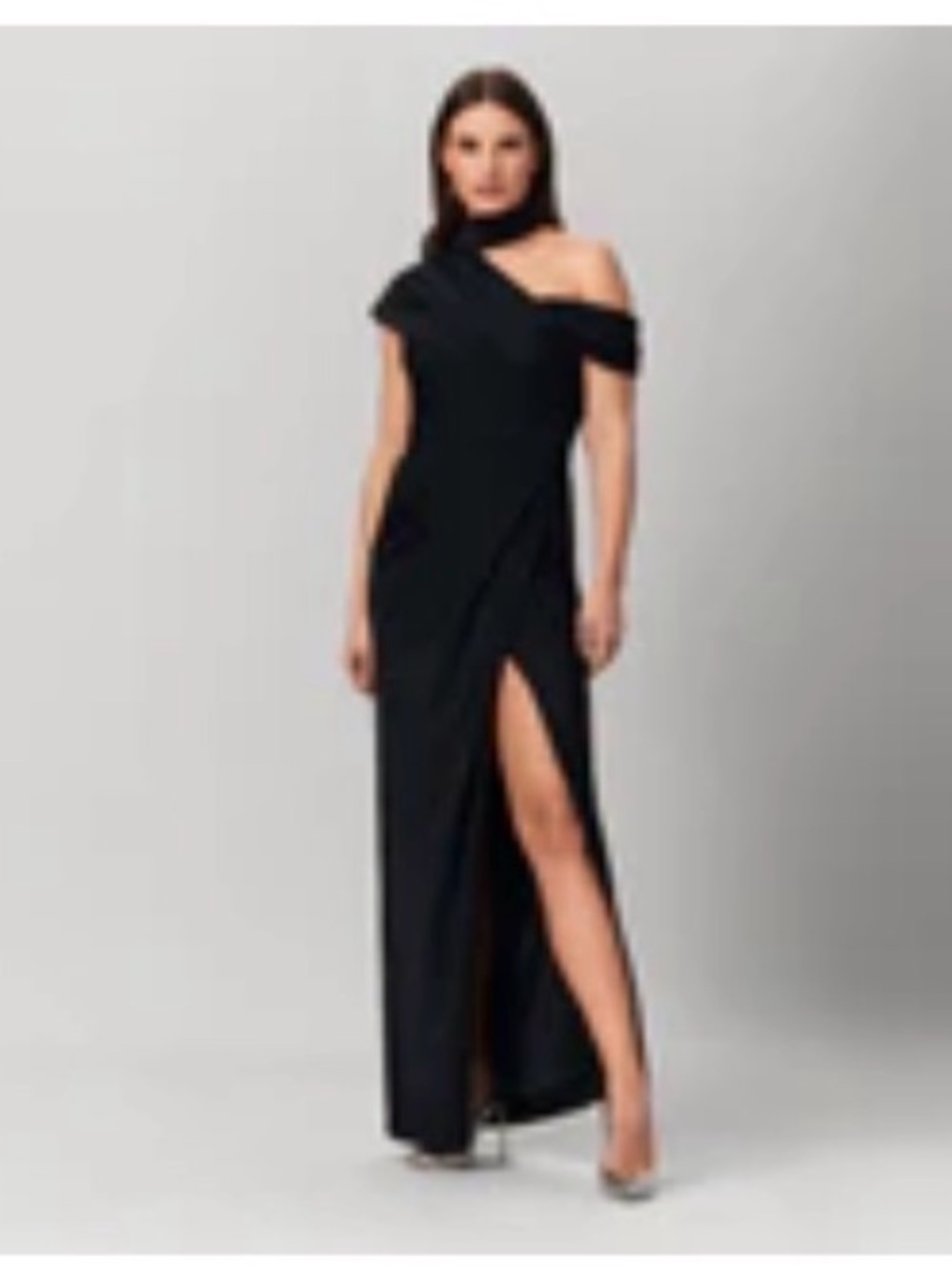 Chic Black One-Shoulder Evening Dress with High Thigh Slit and Neck Scarf